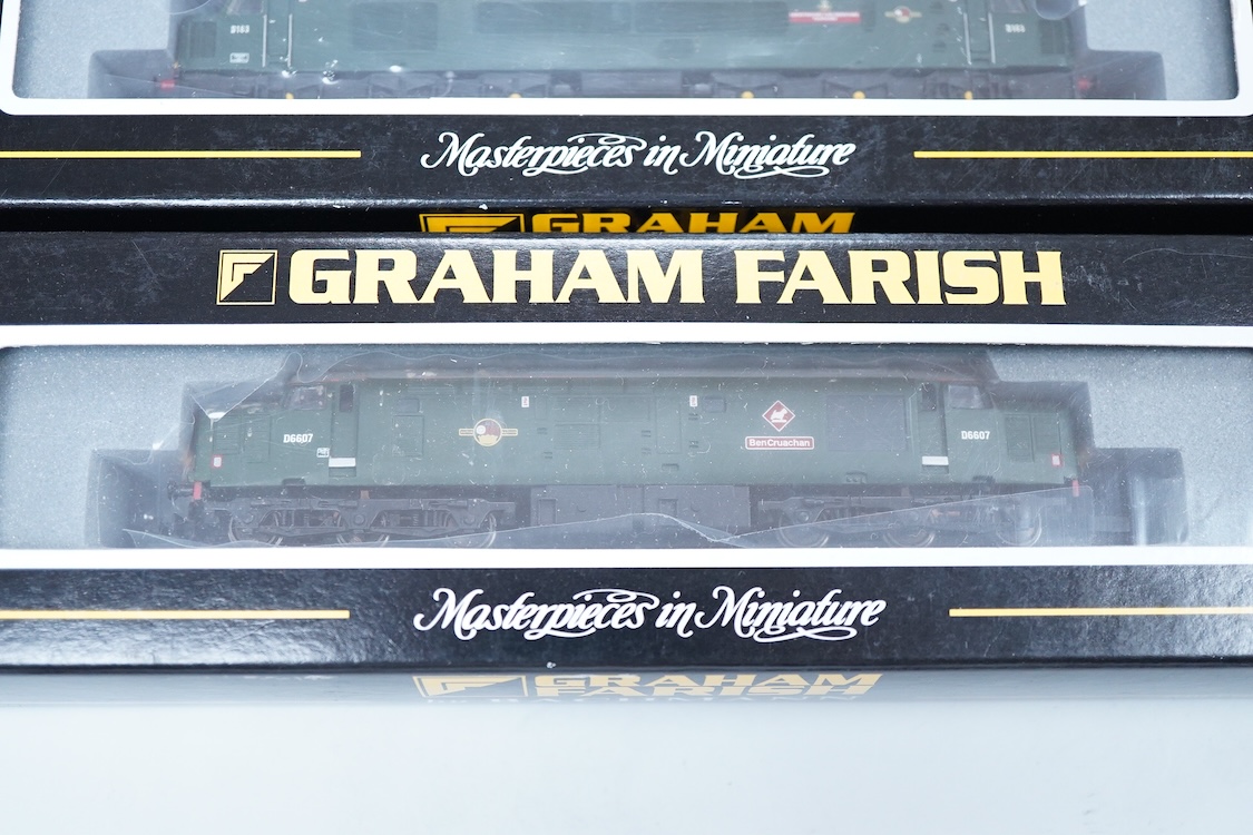 Three boxed Graham Farish N gauge railway diesel locomotives; a BR class 37/4, Ben Cruachan D6607 (371156), a BR class 40, Atlantic Conveyor D306 (371-175), and a BR class 46, Leicestershire and Derbyshire Yeomanry D163